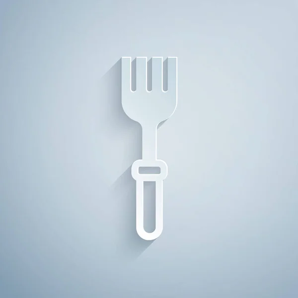 剪纸叉图标孤立在灰色背景 餐具的象征 造纸艺术风格 — 图库矢量图片