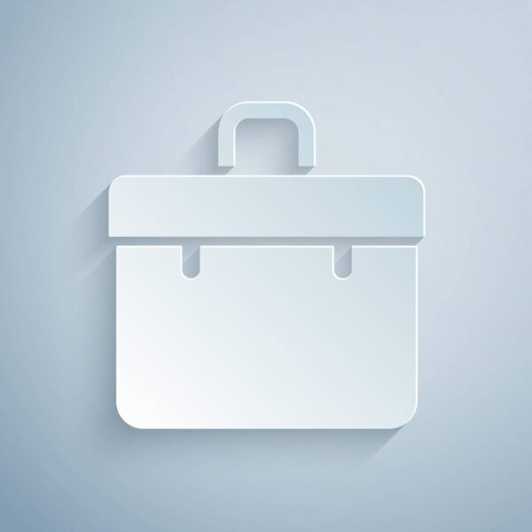 Иконка коробочки вырезана на сером фоне. Деловой знак. Бизнес портфолио Бумажный стиль. Вектор