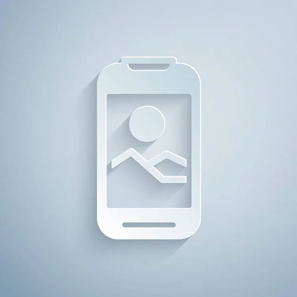 Papier Gesneden Smartphone Mobiele Telefoon Pictogram Geïsoleerd Grijze Achtergrond Papierkunst — Stockvector