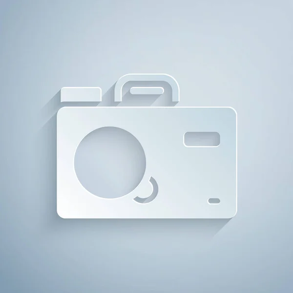 Papier Gesneden Fotocamera Pictogram Geïsoleerd Grijze Achtergrond Foto Camera Digitale — Stockvector