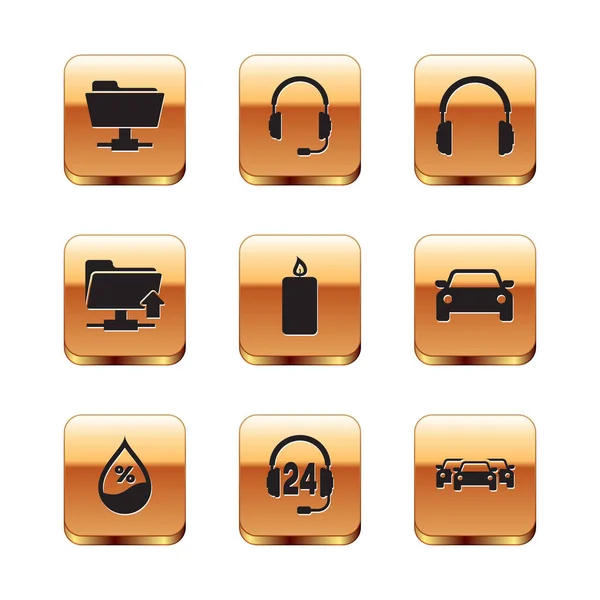 Set FTP folder, Water drop percentage, Headphone for support, Burning candle, upload and Headphones icon. Vector