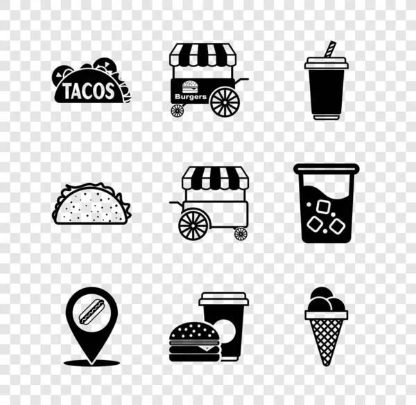 Set Taco Con Tortilla Carro Comida Rápida Agua Vidrio Ubicación — Vector de stock