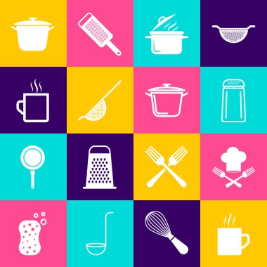 Kahve fincanı, şef şapkası ve çatal, tuz biberi, tencere, mutfak kevaşesi ve ikon. Vektör