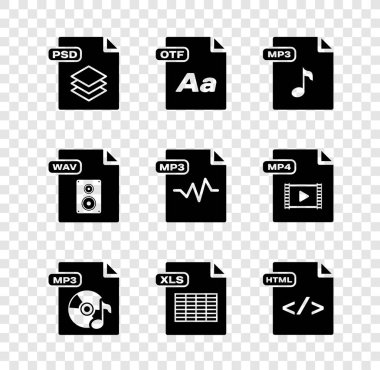 PSD dosya belgesini, OTF, MP3, XLS, HTML, WAV ve simgeyi ayarla. Vektör