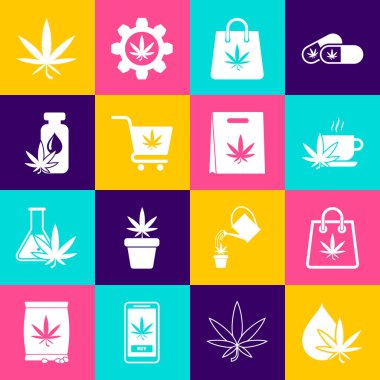 Marihuana ya da kenevir yaprağı yağı, bir poşet marihuana, fincan çayı, el arabası ve ikon. Vektör