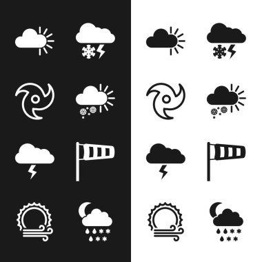 Bulutlu 'yu kar, kasırga ve şimşek, fırtına, koni meteorolojisi rüzgar gülleri, yağmur, ay ve rüzgar ikonu ile donatın. Vektör