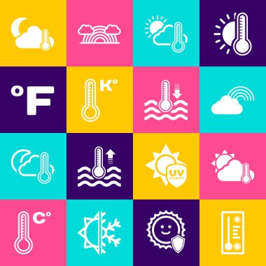 Meteoroloji termometresini, termometreyi ve bulutu, güneşi, gökkuşağını Fahrenheit, ay ve su ikonuyla ayarla. Vektör