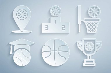 Basketbol, basket, antrenman, basketbol, spor şampiyonu podyumu ve konum ikonu ödülleri. Vektör