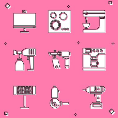 Bilgisayar monitörü, gaz ocağı, elektrikli karıştırıcı, boya spreyi, çivi ve kahve makinesi ve bardak ikonu ayarla. Vektör