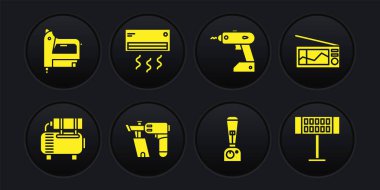Hava kompresörünü, radyoyu, çivi tabancasını, blenderi, kablolu tornavidayı ve klima ikonunu ayarla. Vektör