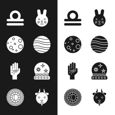 Jüpiter, Ay, Terazi burcu, Tavşan, El falı, Sihirli top, Koç burcu ve yıldız burcu ikonu. Vektör