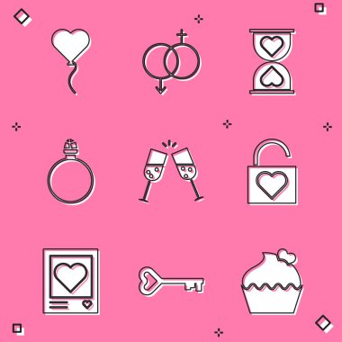 Balonu kalp, cinsiyet, kalp merkezi kum saati, elmas nişan yüzüğü, cam şampanya, kilit ve fotoğraf çerçevesi kalpleri ve anahtar şekli ikonu şeklinde ayarla. Vektör
