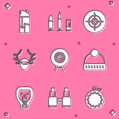 Çakmak, mermi ve fişek, hedef sporu, kalkanda geyik boynuzları, kış şapkası, ayı kafası ve dürbün simgesi. Vektör