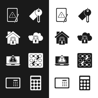 Bulut bilgisayar kilidini, Ev 'i koruma altına alın, ünlem işaretli Tablet, İşaretli anahtar, dizüstü bilgisayar, Grafik şifre, Parola ve Güvenli simgesi. Vektör