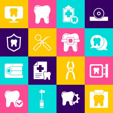 Diş röntgeni, dişçi muayenehanesi konumu, Diş, kart, teftiş aynası, koruma ve diş teli ikonu olan dişler. Vektör