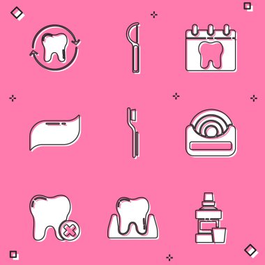 Diş beyazlatma, diş ipi, dişli takvim, diş macunu, diş fırçası, bakımı ve ikon. Vektör