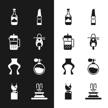 Scooter, Fransız presi, şarap şişeleri, ruj, kurbağa bacağı, parfüm, Çeşme ve Kadın elbise ikonu. Vektör