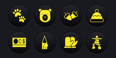 Kanada doları, Beanie şapkası, tahta kütük, Noel eldiveni, meşe palamudu, ayı kafası, Inukshuk ve Paw baskı ikonu. Vektör