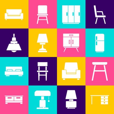 Ofis masası, sandalye, buzdolabı, gardırop, masa lambası, avize, kanepe ve göğüs çekmeceleri ikonu. Vektör