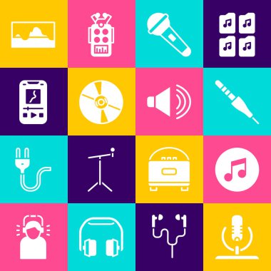 Mikrofon, müzik notası, ton, ses kaydı, CD veya DVD diski, oynatıcı, dalga eşitleyici ve Hoparlör ses simgesi ayarla. Vektör