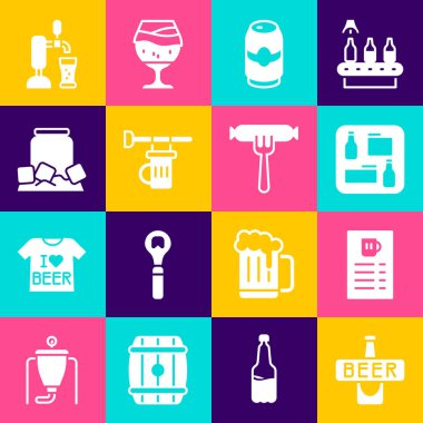 Bira şişesi, menü, kutu, bir bardak bira, soğuk, musluk suyu ve sosis koy. Vektör