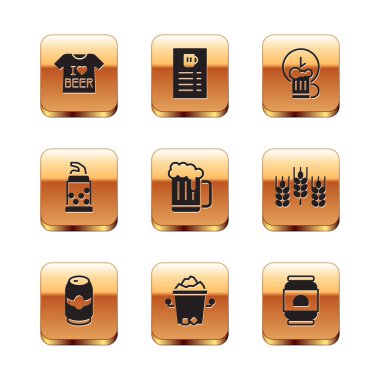 Bira tişörtü, kutu, buz kovası, tahta bira kupası, şişe açacağı, Happy Hour ve menü ikonu. Vektör