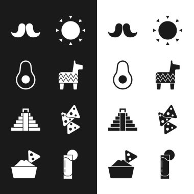 Pinata, Avokado meyvesi, Bıyık, Güneş, Chichen Itza Mayan, Nachos, limonlu tekila bardağı ve kase ikonu. Vektör