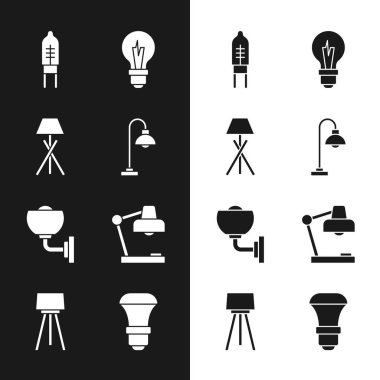 Döşeme lambası, ışık yayan diyot, ampul, duvar lambası, masa, LED ışık ve simge. Vektör
