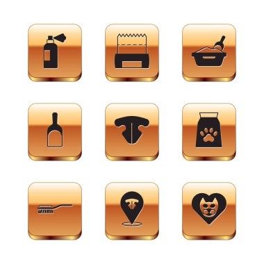 Set Pet shampoo, Hair brush for dog and cat, Cat nose, Dustpan, litter tray with shovel, Heart and Dog shit in bag icon. Vector