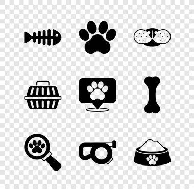 Balık iskeleti, pati izi, kedi burnu, veteriner kliniği, geri çekilebilir ip tasması, evcil hayvan maması kasesi, çanta ve konum veteriner hastanesi ikonu. Vektör