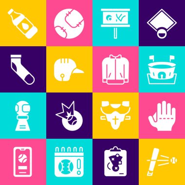 Beyzbol sopasını top, eldiven, arena, planlama stratejisi, miğfer, çorap, bir şişe su ve tişört ikonu ile ayarla. Vektör