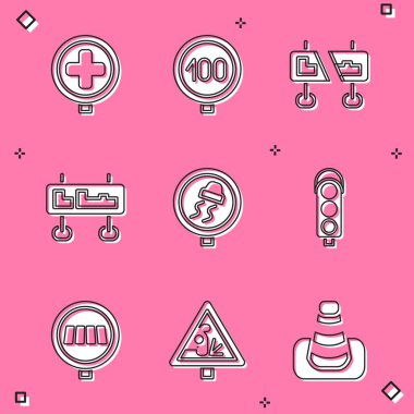 Hastane yol trafiğini, hız limitini, trafik ışıklarını, yaya geçidini ve uyarı simgesini ayarlayın. Vektör