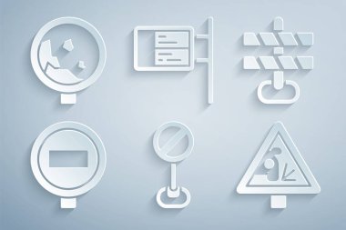 Dur levhası, Yol bariyeri, Uyarı yolu, Ublic taşıma tahtası ve Uyarı Kayalıkları simgesi. Vektör