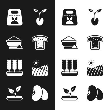 Ekmek tostu, un kasesi, bir paket bitki tohumu, filizlenme, buğday, tarım buğday tarlası, fasulye ve ikon. Vektör