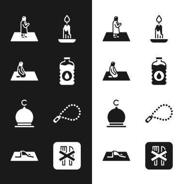 Bir şişe su, Müslüman dua, yanan mum, cami, tespih, Ramazan orucu ve ikonu. Vektör