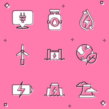 Elektrik prizi, propan gazı tankı, su enerjisi, rüzgar türbini, hidroelektrik barajı, toprak küresi ve yaprak, pil ve ikon ayarlayın. Vektör