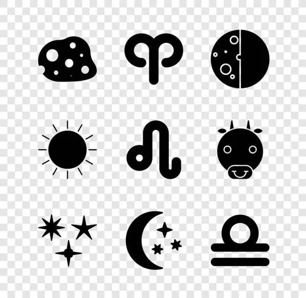 小惑星 牡羊座 太陽の黄道 秋の星 月と星 天秤座 太陽とレオのアイコンを設定します ベクトル — ストックベクタ