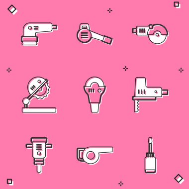 Elektrikli zımpara makinesi, Yaprak üfleyici, Angle Öğütücü, Tahta testeresi, Yapboz, İnşaat matkabı ve ikonu. Vektör