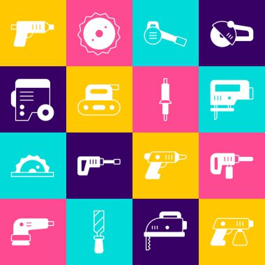 Boya sprey tabancası, elektrikli matkap, yaprak, bahçe üfleyicisi, planer alet, elektrik jeneratörü, kablosuz tornavida ve lehim makinesi. Vektör