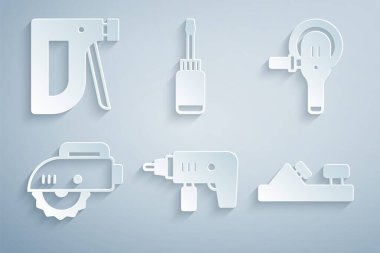 Elektrikli matkap, açılı öğütücü, dairesel testere, tahta uçak aleti, tornavida ve inşaat zımbası ikonu. Vektör