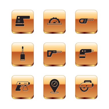 Elektrikli zımpara makinesi, boya spreyi, testere bıçağı, tornavida, dairesel ve ikon. Vektör