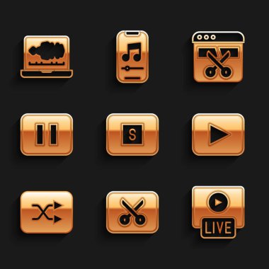 Ortam düğmesini, Müzik veya video düzenlemesini, Live stream, Play, Arrow shuffle, Stop, Video kaydedici düzenleyici ve Ses simgesini ayarla. Vektör