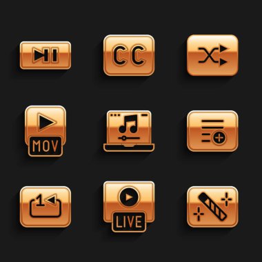 Dizüstü bilgisayarı müzik, canlı yayın, foto rötuşlama, çalma listesi, tekrar oynatıcı, MOV dosyası, ok karıştırma ve durdurma düğmesi simgesi ile ayarla. Vektör