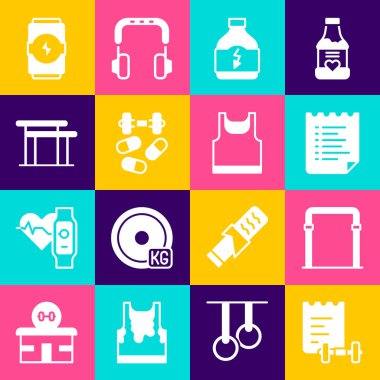 Spor eğitim programı, yatay bar, spor beslenme, dambıl, dambıl, enerji içeceği ve kolsuz tişört ikonu ile doping. Vektör