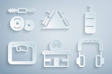 Spor salonu, kum torbası, banyo terazisi, kulaklık ağırlıklı metal raf ve halter ikonu. Vektör