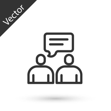 Gri çizgi İki oturan adam konuşan ikon beyaz arka planda izole. Konuşma balonu sohbeti. İleti simgesi. İletişim ya da yorum sohbet sembolü. Vektör