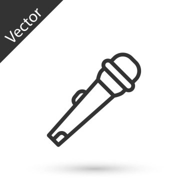 Beyaz arka planda gri çizgi mikrofon simgesi izole edildi. Radyodaki mikrofondan. Sözcü işareti. Vektör