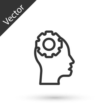 Gri çizgi insan kafası ve beyaz arka planda izole edilmiş ikon içerisindeki dişliler. Yapay zeka. Düşünen beyin. Beynin sembol çalışması. Vektör