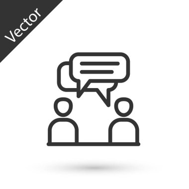 Gri çizgi İki oturan adam konuşan ikon beyaz arka planda izole. Konuşma balonu sohbeti. İleti simgesi. İletişim ya da yorum sohbet sembolü. Vektör
