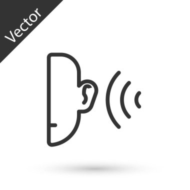 Gri çizgi Kulak, beyaz arkaplanda izole edilmiş ses sinyali ikonu. Kulak misafiri. Vektör